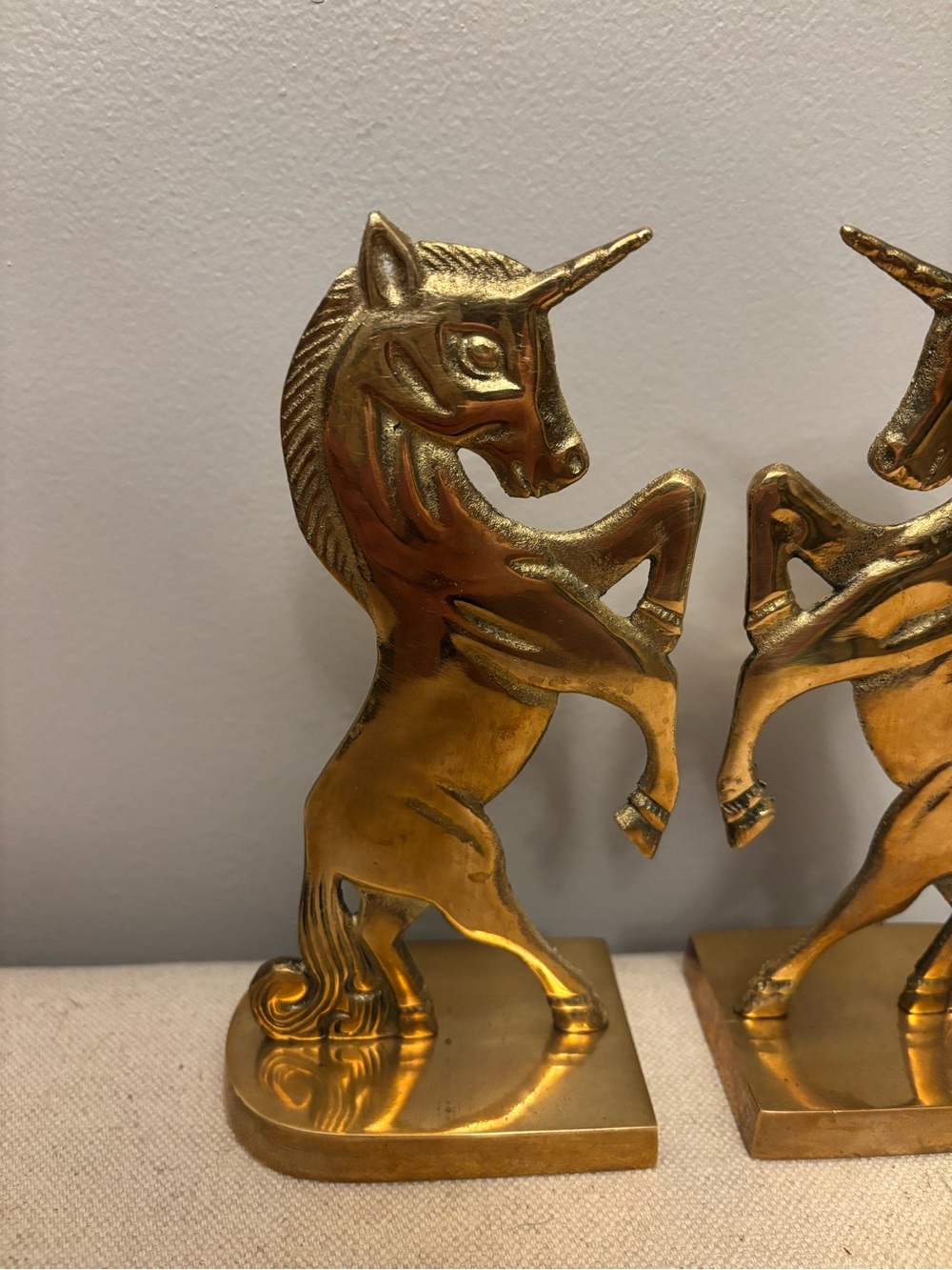 Vintage Solid Brass Rearing Unicorn Bookends Mid Century Hollywood Regency Set - Picture 2 of 16